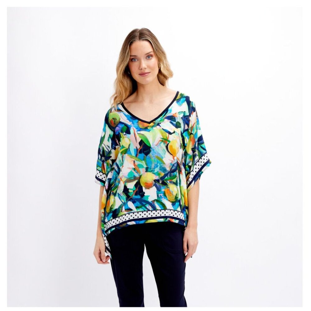SIMPLY ART by DOLCEZZA 3/4 Sleeve Blouse Floral & Lemons Blue/Yellow Women XXL
